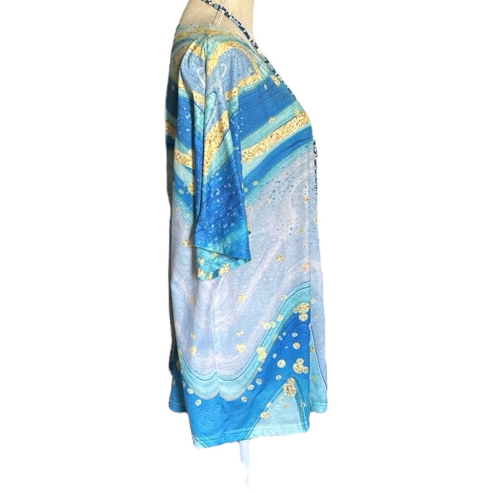 Aqua Blue & Gold Wavy Swirl Pattern Design Knit Top Short Sleeves Scoop Neck 5XL - Picture 7 of 16